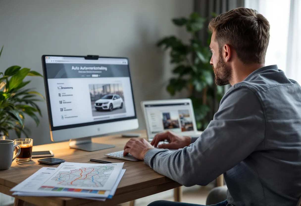 Een Vlaamse bestuurder zit in zijn woonkamer achter een laptop, op het scherm staat een autoverzekering-simulatie met een kleine gezinswagen en premieberekening, terwijl op de tafel een kop koffie en een wegenkaart van Vlaanderen liggen.